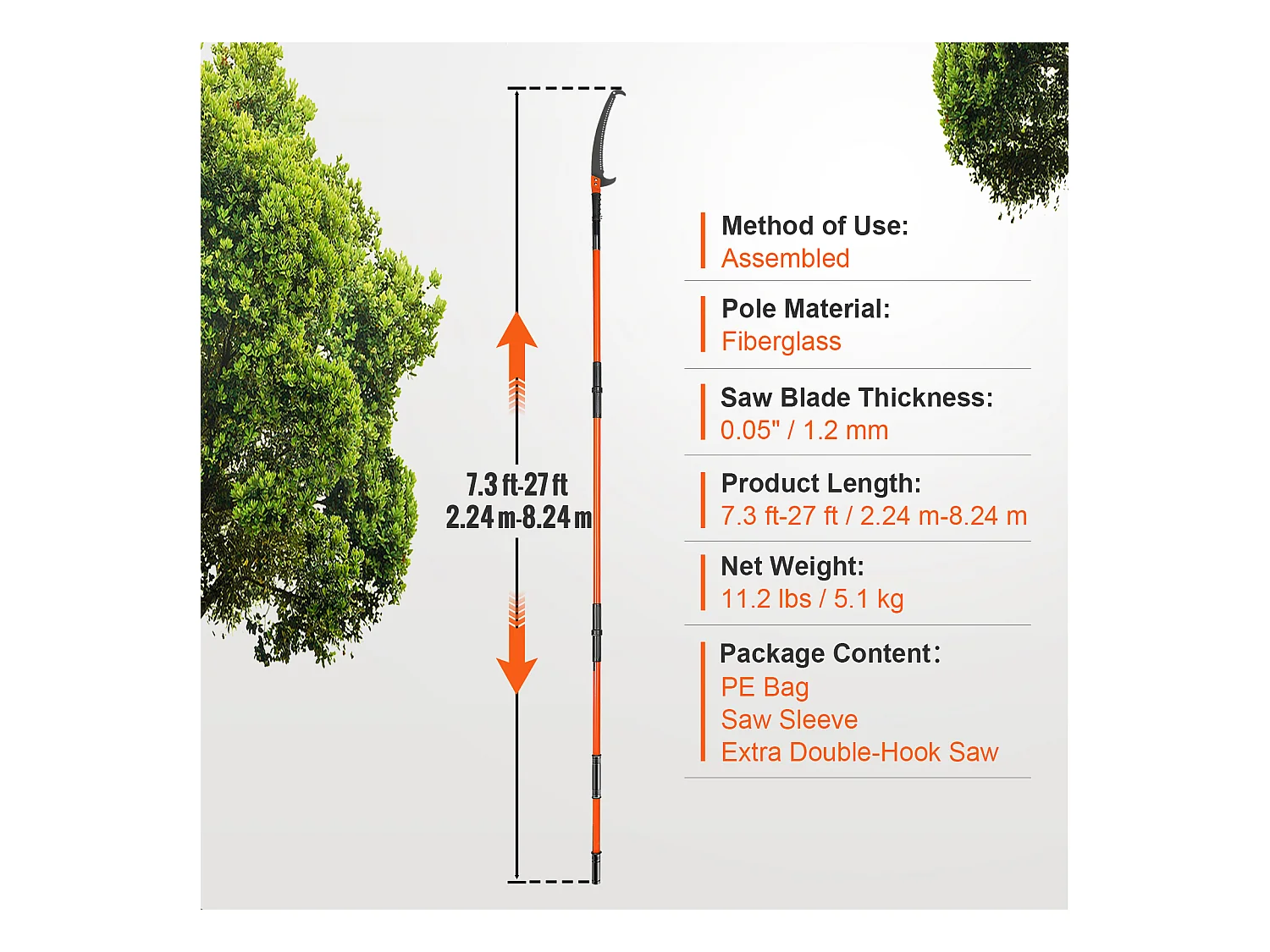 Scie Manuelle pour Perche SucceBuy, Élagueur Extensible, 7.3-27ft, Perche en Fibre de Verre, Couteau à Crochet