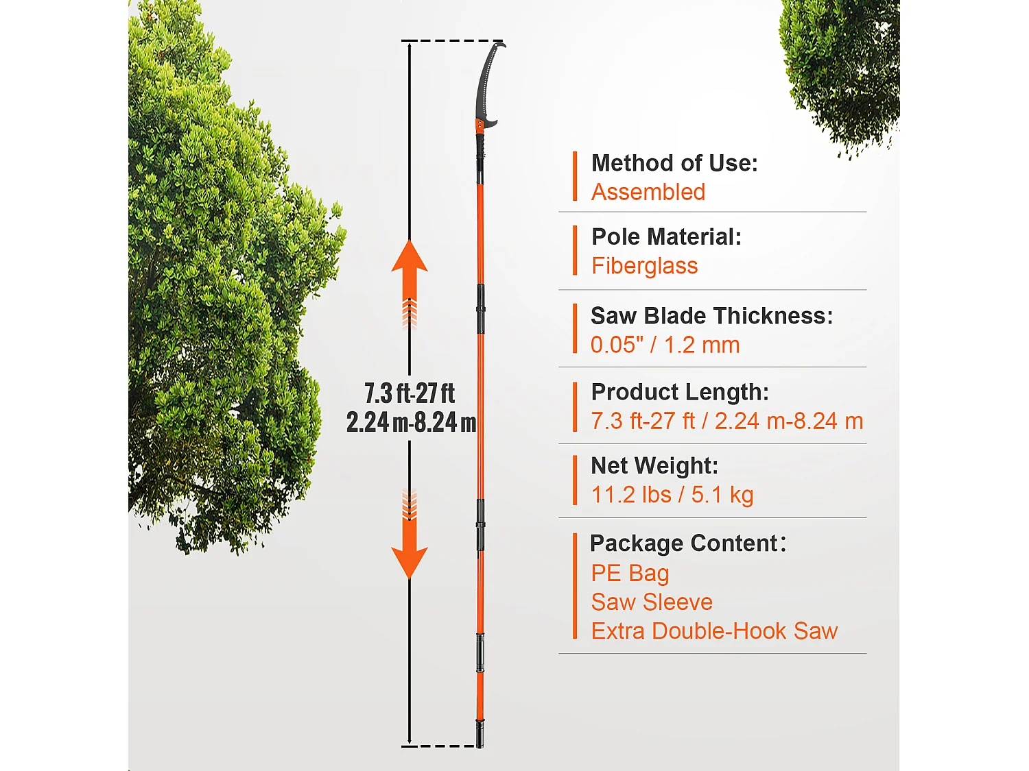 Scie Manuelle pour Perche SucceBuy, Élagueur Extensible, 7.3-27ft, Perche en Fibre de Verre, Couteau à Crochet