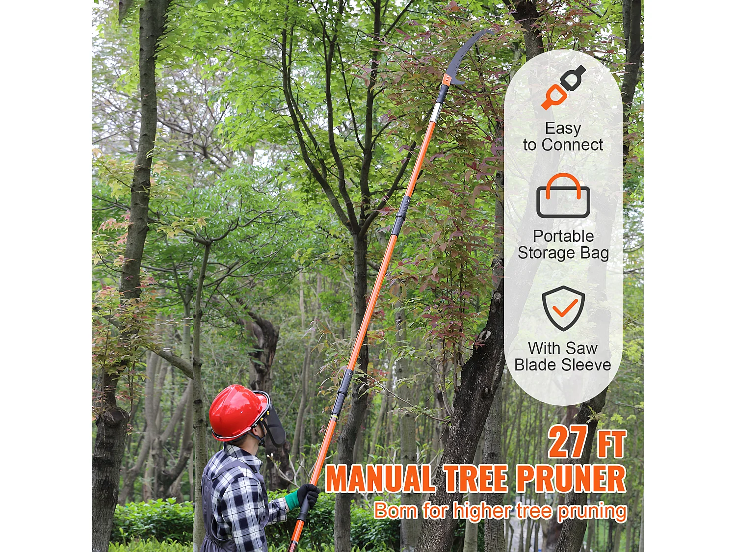 Scie Manuelle pour Perche SucceBuy, Élagueur Extensible, 7.3-27ft, Perche en Fibre de Verre, Couteau à Crochet