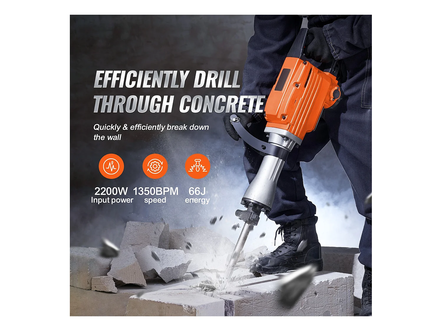 Marteau Piqueur de Démolition SucceBuy Marteau Piqueur de Démolition 2200W Brise-béton Électrique avec 4 Burins