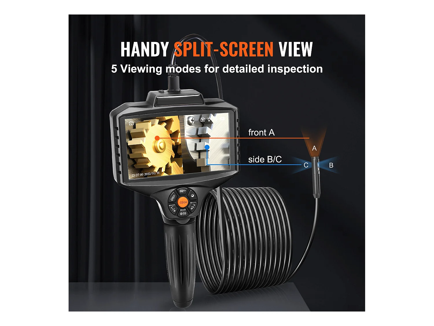 Caméra Endoscopique SucceBuy, Triple Objectif, Écran Partagé IPS 5", Zoom 8x, 10 Lumières LED