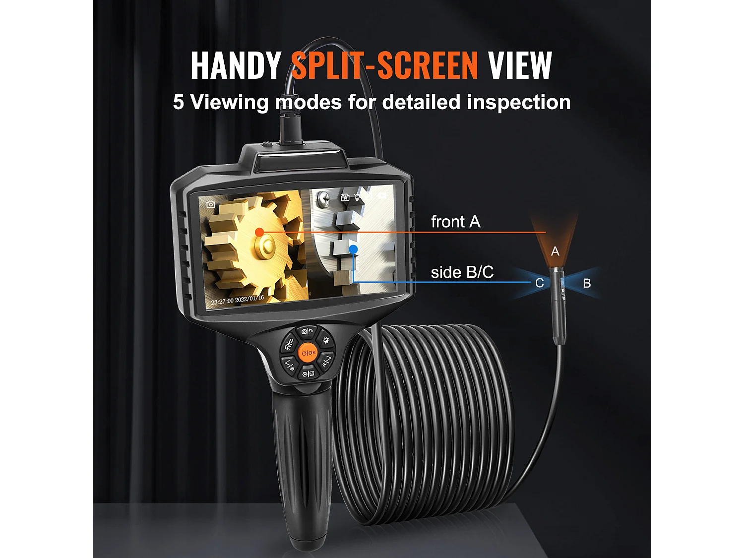 Caméra Endoscopique SucceBuy, Triple Objectif, Écran Partagé IPS 5", Zoom 8x, 10 Lumières LED