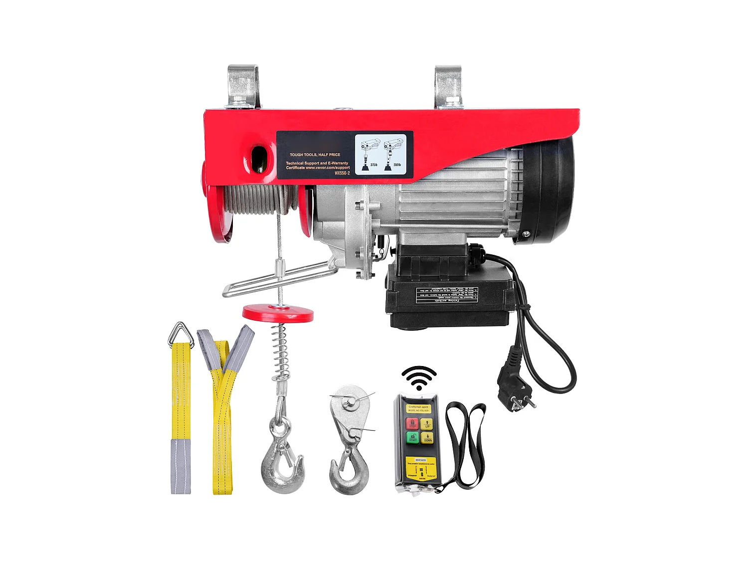 Treuil Électrique 249 kg SucceBuy, Treuil à Câble Électrique, avec Télécommande Sans Fil, 510 W 220 V, Rouge, pour Garages, Entrepôts et Usines