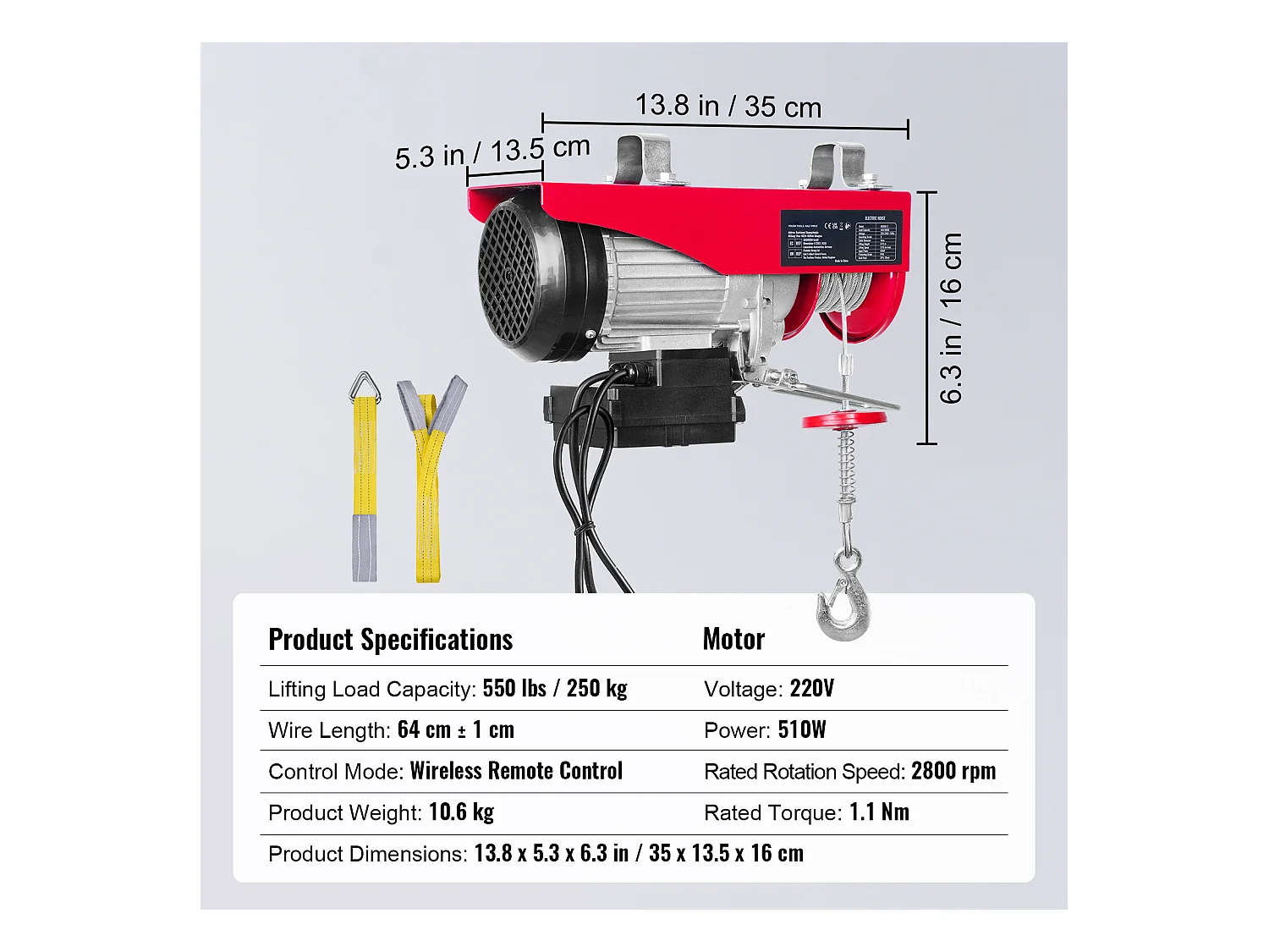 Treuil Électrique 249 kg SucceBuy, Treuil à Câble Électrique, avec Télécommande Sans Fil, 510 W 220 V, Rouge, pour Garages, Entrepôts et Usines