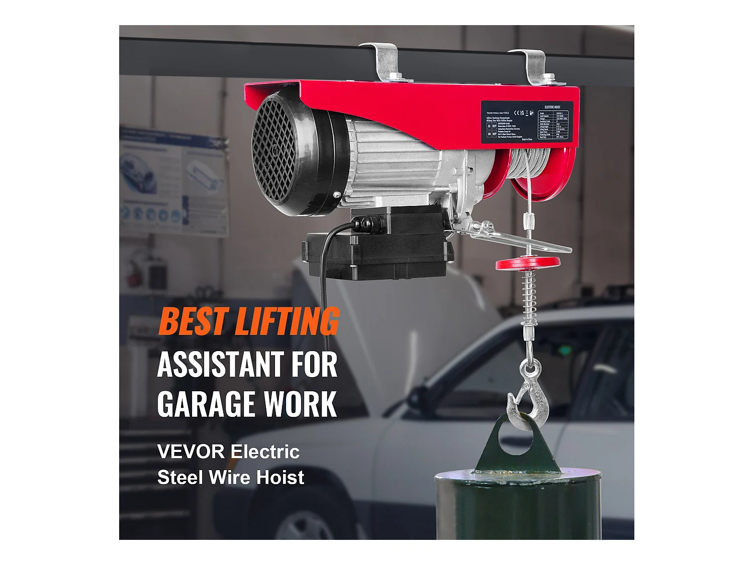 Treuil Électrique 249 kg SucceBuy, Treuil à Câble Électrique, avec Télécommande Sans Fil, 510 W 220 V, Rouge, pour Garages, Entrepôts et Usines
