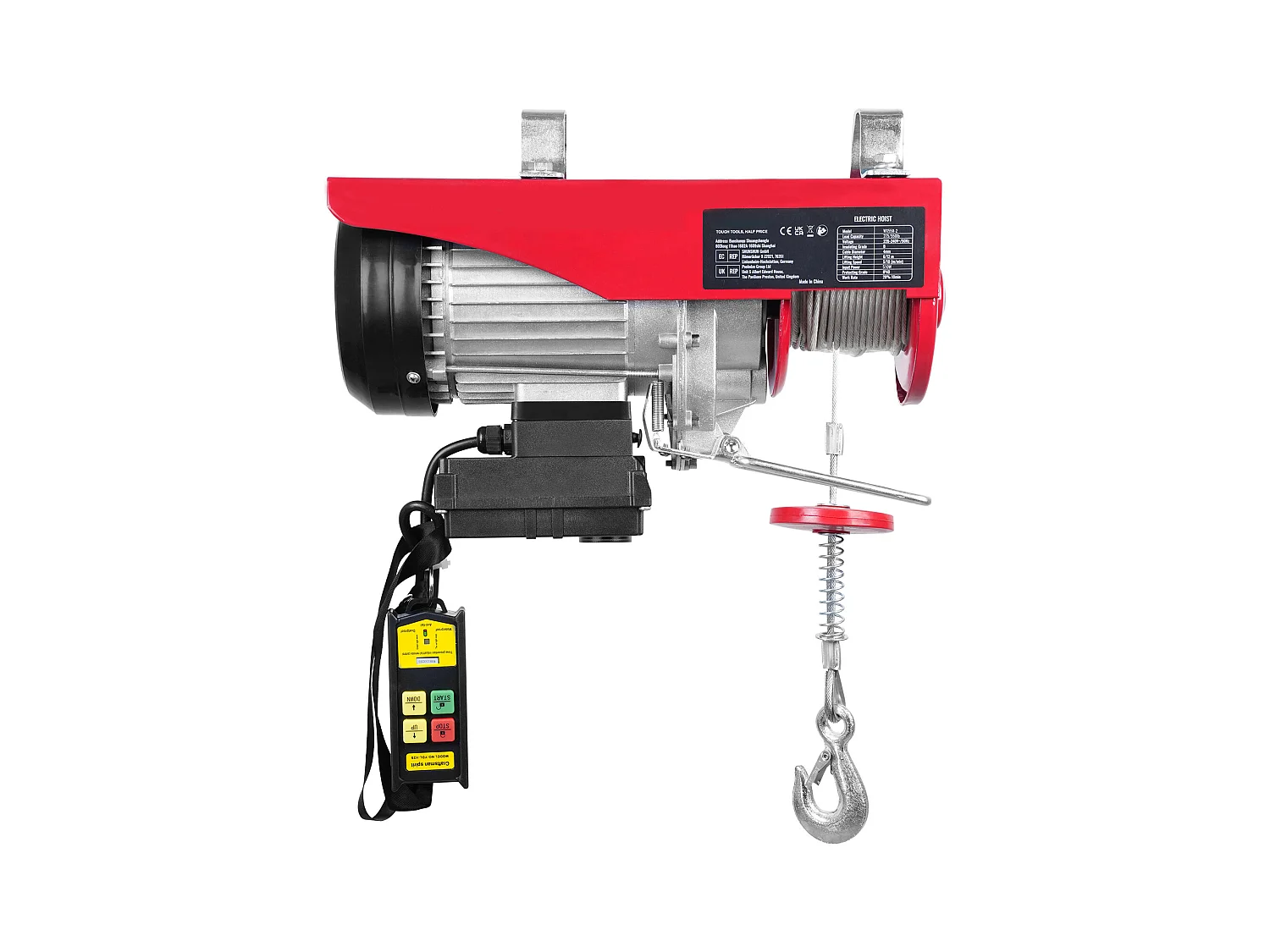 Treuil Électrique 249 kg SucceBuy, Treuil à Câble Électrique, avec Télécommande Sans Fil, 510 W 220 V, Rouge, pour Garages, Entrepôts et Usines