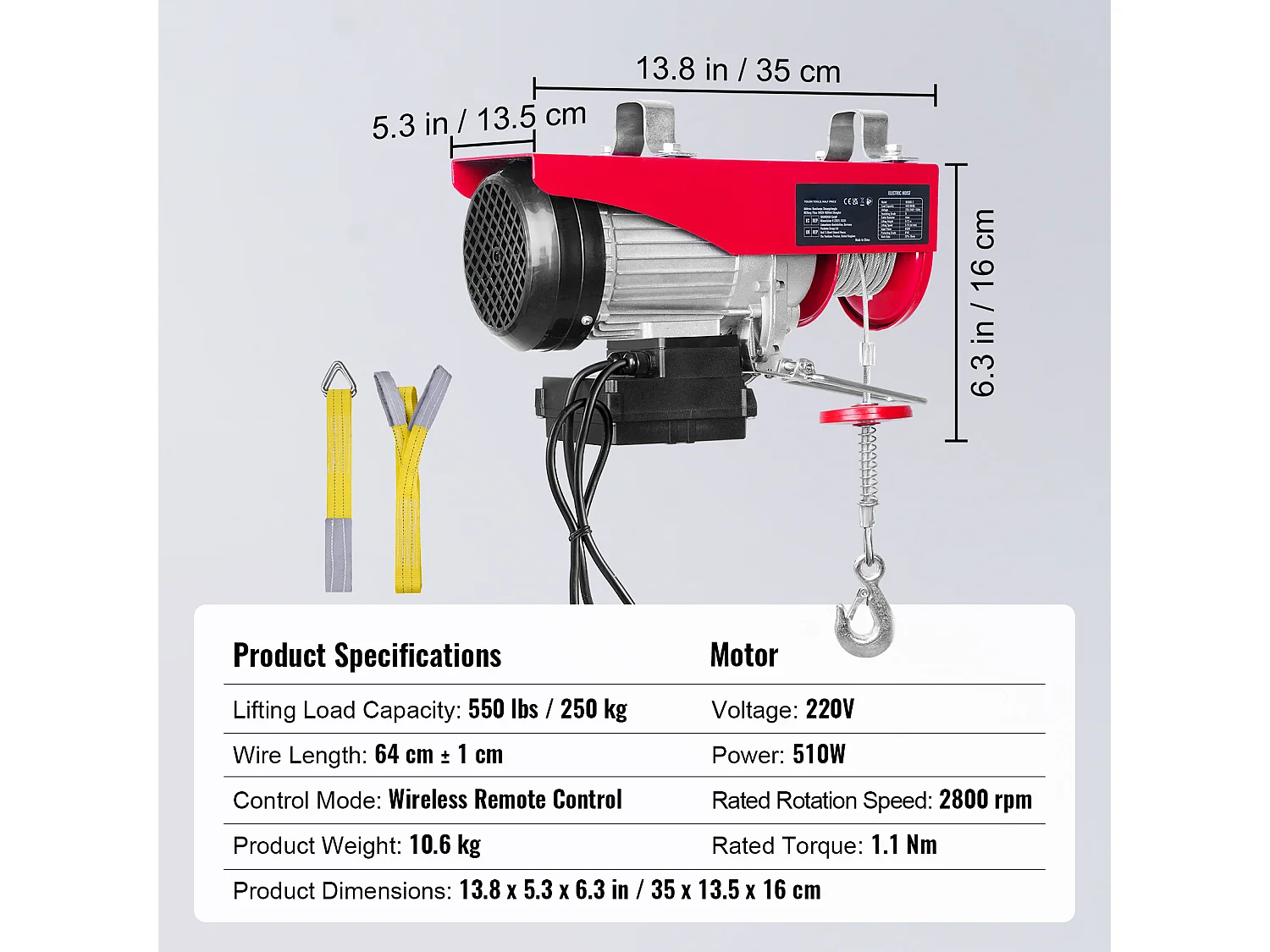 Treuil Électrique 249 kg SucceBuy, Treuil à Câble Électrique, avec Télécommande Sans Fil, 510 W 220 V, Rouge, pour Garages, Entrepôts et Usines