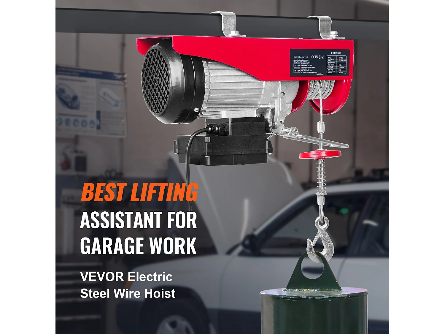 Treuil Électrique 249 kg SucceBuy, Treuil à Câble Électrique, avec Télécommande Sans Fil, 510 W 220 V, Rouge, pour Garages, Entrepôts et Usines