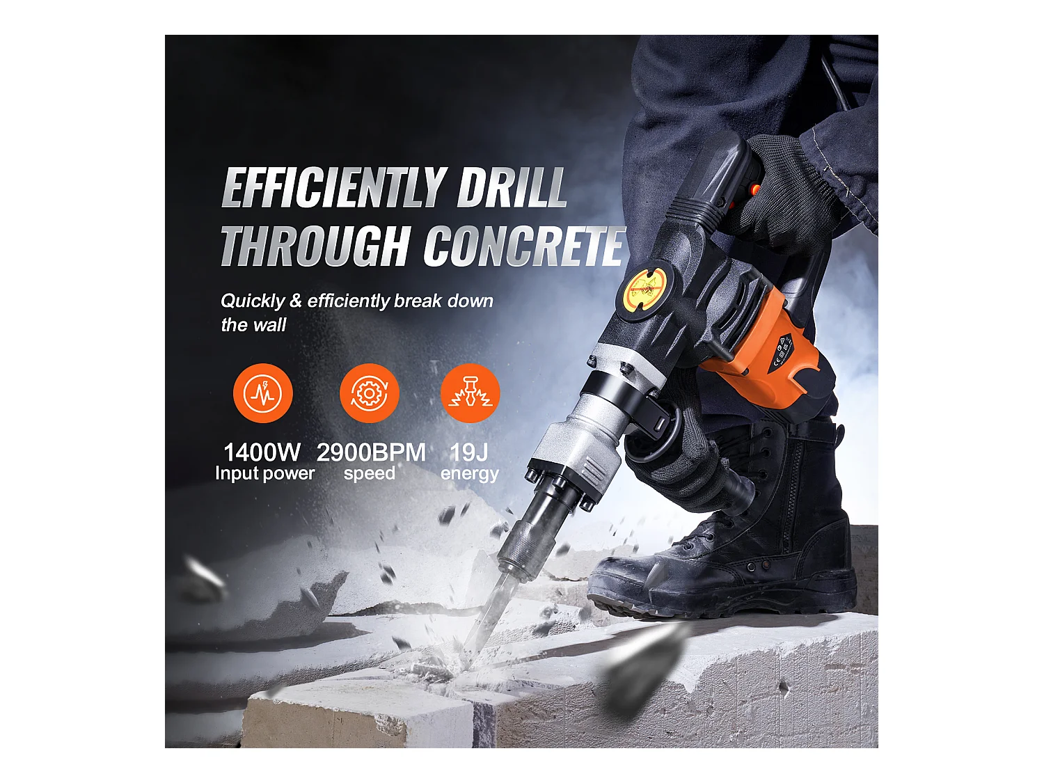 Marteau Piqueur de Démolition SucceBuy Marteau Piqueur de Démolition 1400W Brise Béton Électrique 2 Burins