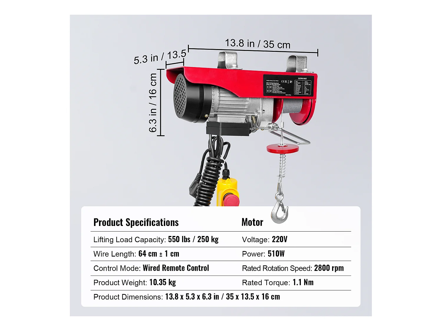 Treuil Électrique 249 kg SucceBuy, Treuil à Câble Électrique, avec Télécommande Filaire, 510 W 220 V, pour Garages, Entrepôts et Usines