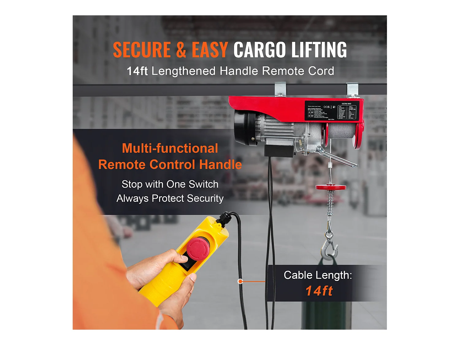 Treuil Électrique 249 kg SucceBuy, Treuil à Câble Électrique, avec Télécommande Filaire, 510 W 220 V, pour Garages, Entrepôts et Usines