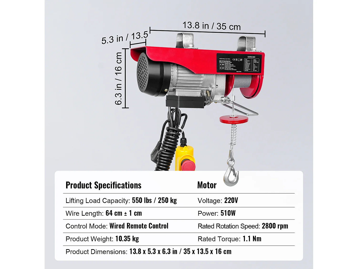 Treuil Électrique 249 kg SucceBuy, Treuil à Câble Électrique, avec Télécommande Filaire, 510 W 220 V, pour Garages, Entrepôts et Usines
