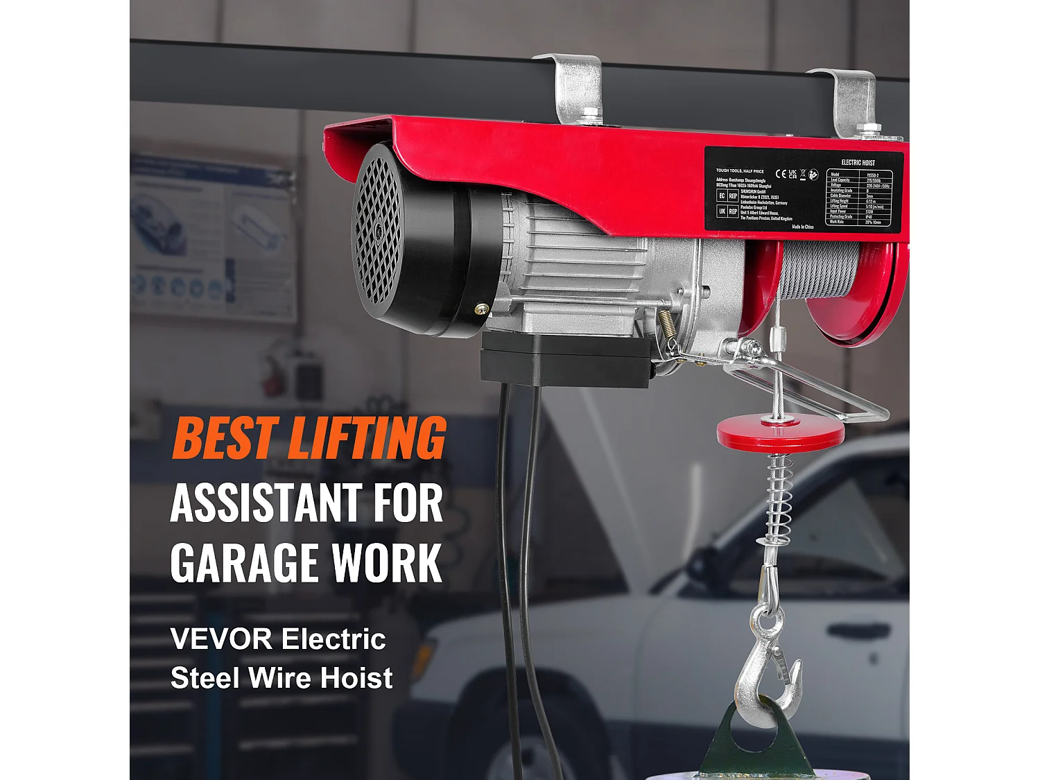 Treuil Électrique 249 kg SucceBuy, Treuil à Câble Électrique, avec Télécommande Filaire, 510 W 220 V, pour Garages, Entrepôts et Usines