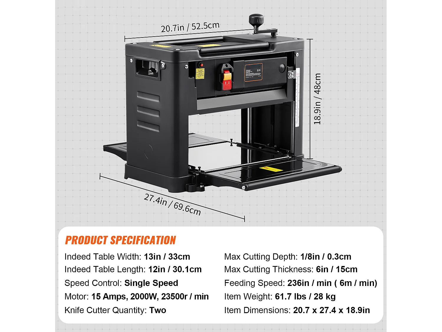 Raboteuse D'épaisseur SucceBuy de 13 Pouces, 1800 W, 15 A, Deux Lames pour le Travail du Bois