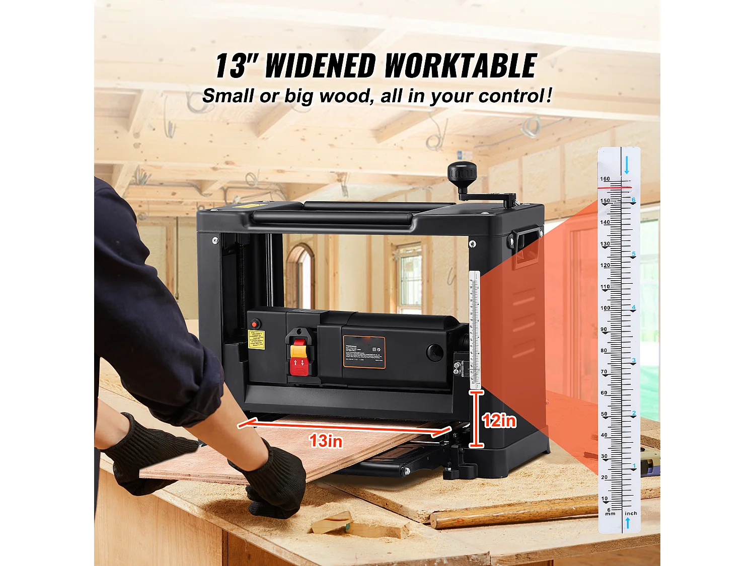 Raboteuse D'épaisseur SucceBuy de 13 Pouces, 1800 W, 15 A, Deux Lames pour le Travail du Bois