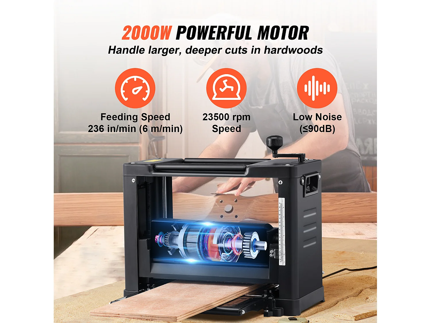 Raboteuse D'épaisseur SucceBuy de 13 Pouces, 1800 W, 15 A, Deux Lames pour le Travail du Bois