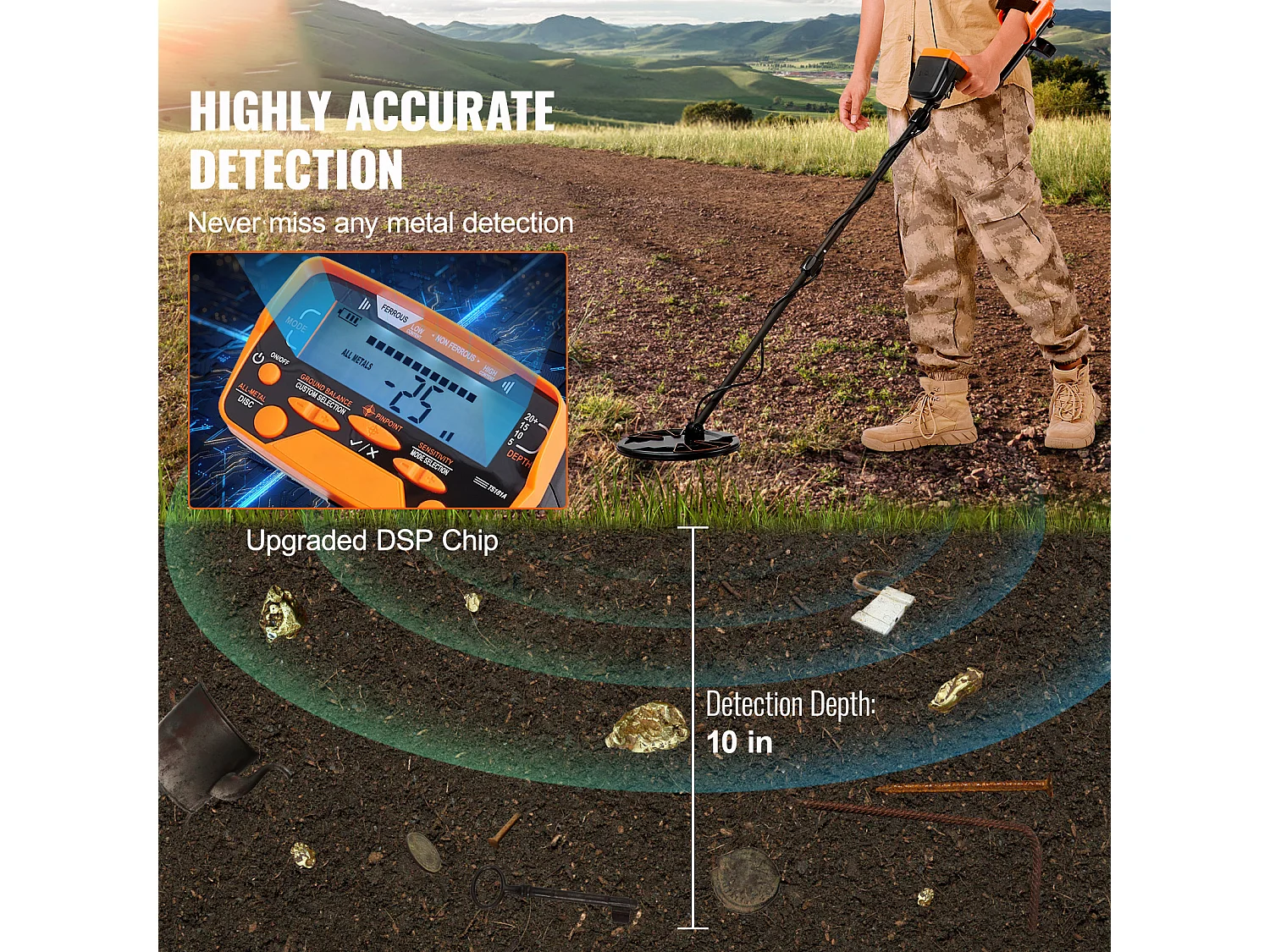 Détecteur de Métaux SucceBuy, 10 » IP68 Waterproof, Détecteur d'Or Professionnel pour Adultes, Noir