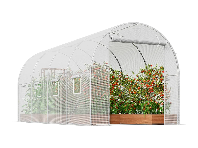 Begehbares Tunnelgewächshaus SucceBuy , 4,45 x 1,95 x 1,90 m, Verzinkter Rahmen, PE-Abdeckung, weiß