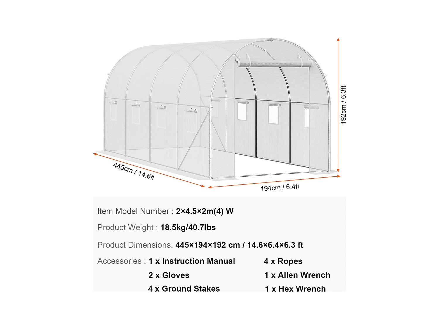 Serre Tunnel SucceBuy, 4,45 x 1,95 x 1,90 m, Cadre Galvanisé, Couverture PE, Blanc