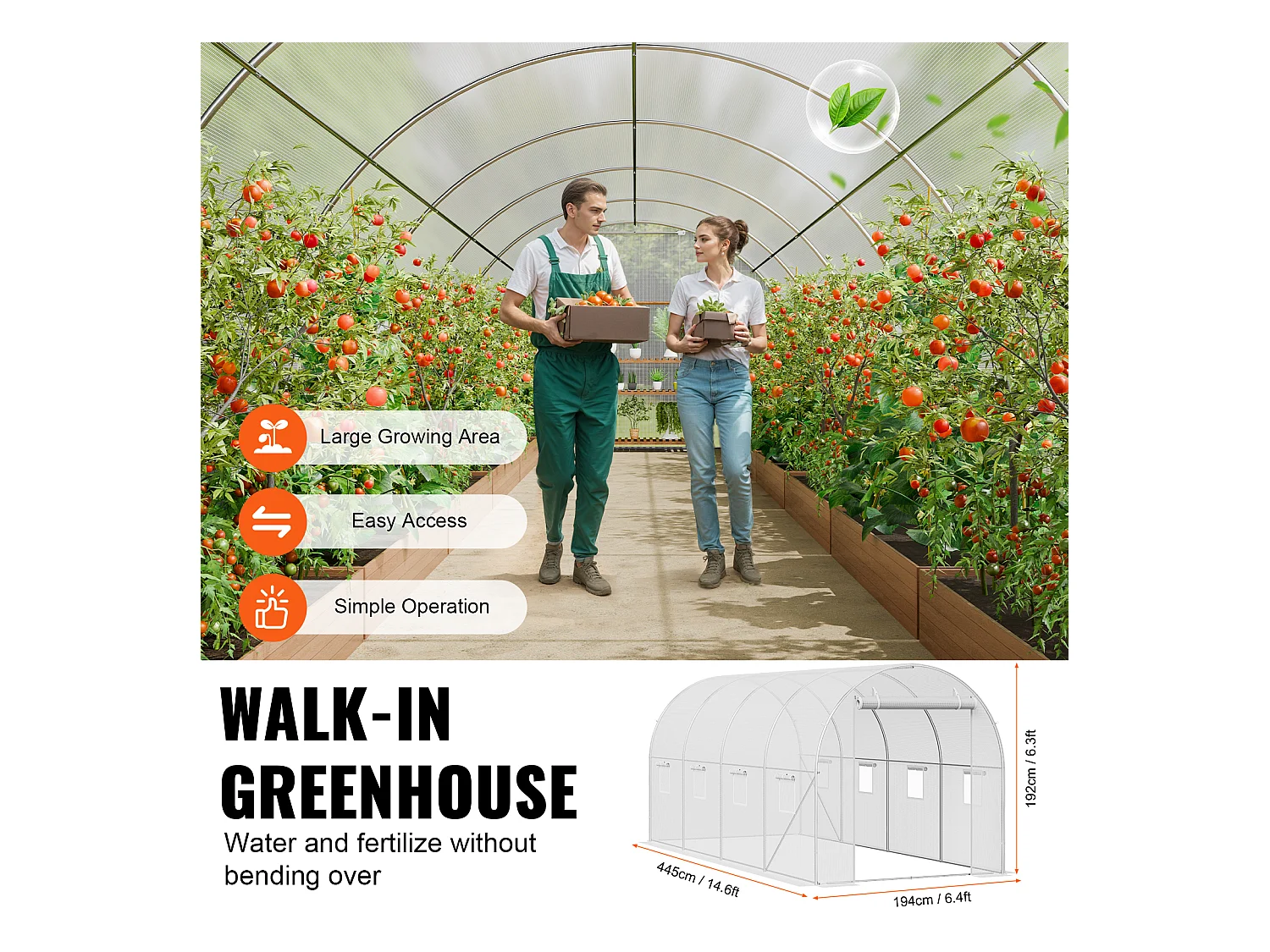 Serre Tunnel SucceBuy, 4,45 x 1,95 x 1,90 m, Cadre Galvanisé, Couverture PE, Blanc