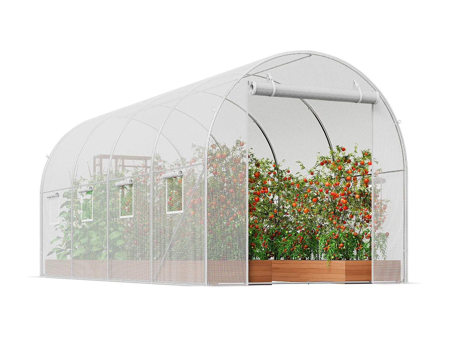 Begehbares Tunnelgewächshaus SucceBuy , 4,45 x 1,95 x 1,90 m, Verzinkter Rahmen, PE-Abdeckung, weiß