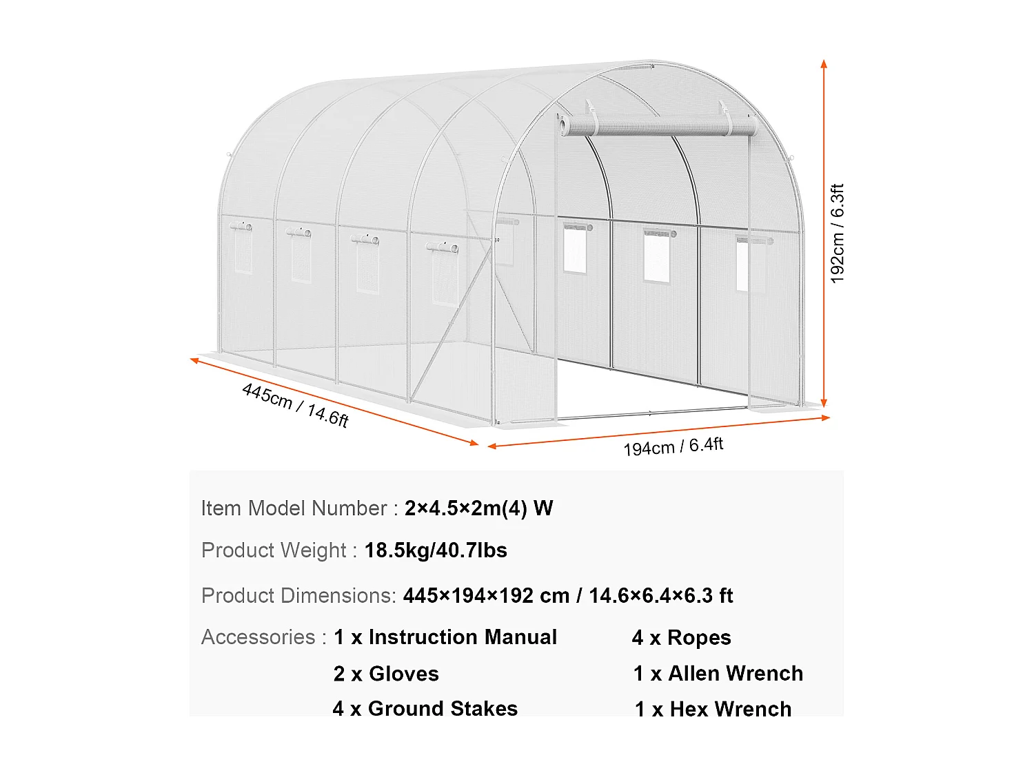 Begehbares Tunnelgewächshaus SucceBuy , 4,45 x 1,95 x 1,90 m, Verzinkter Rahmen, PE-Abdeckung, weiß