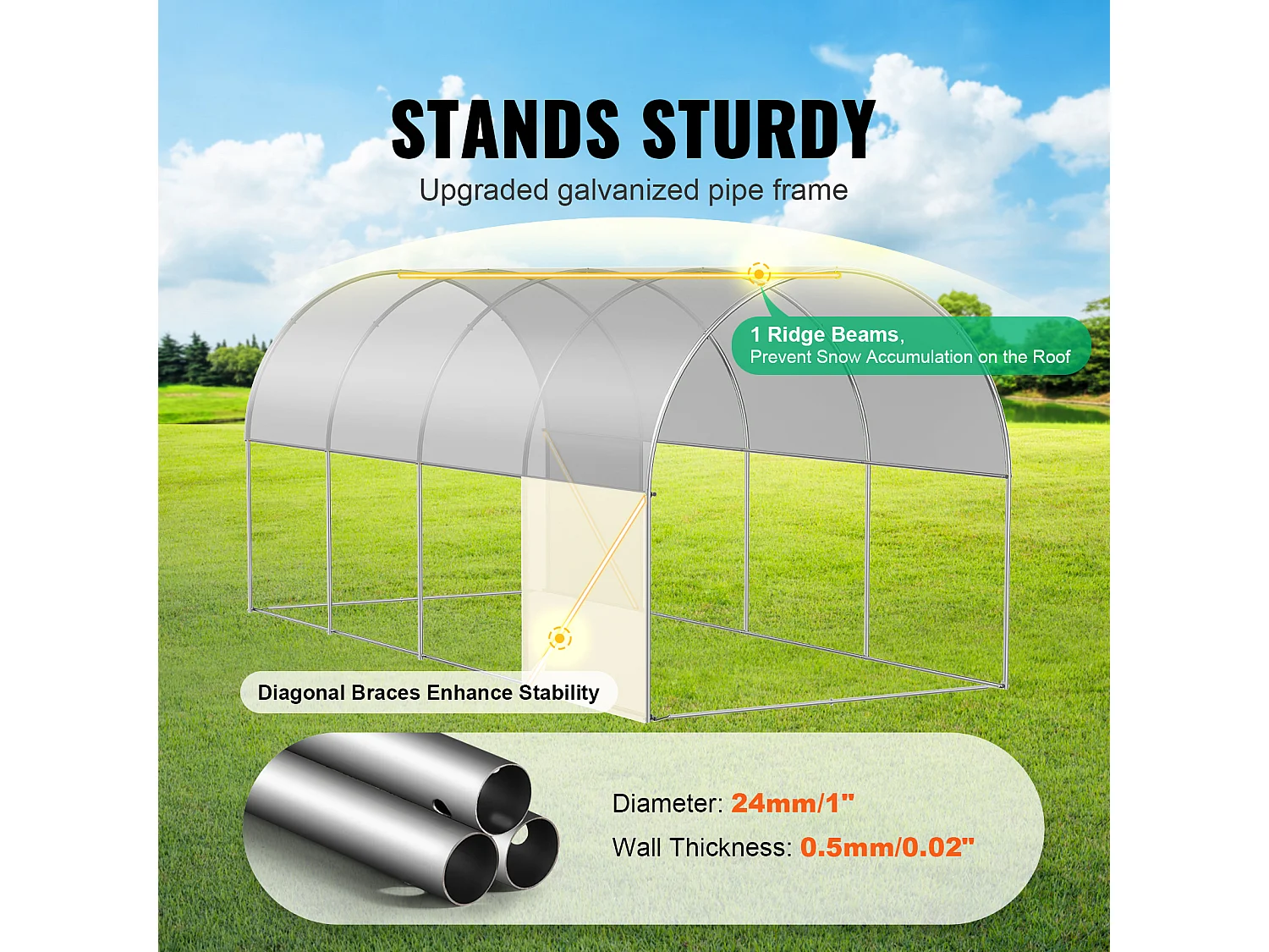 Begehbares Tunnelgewächshaus SucceBuy , 4,45 x 1,95 x 1,90 m, Verzinkter Rahmen, PE-Abdeckung, weiß