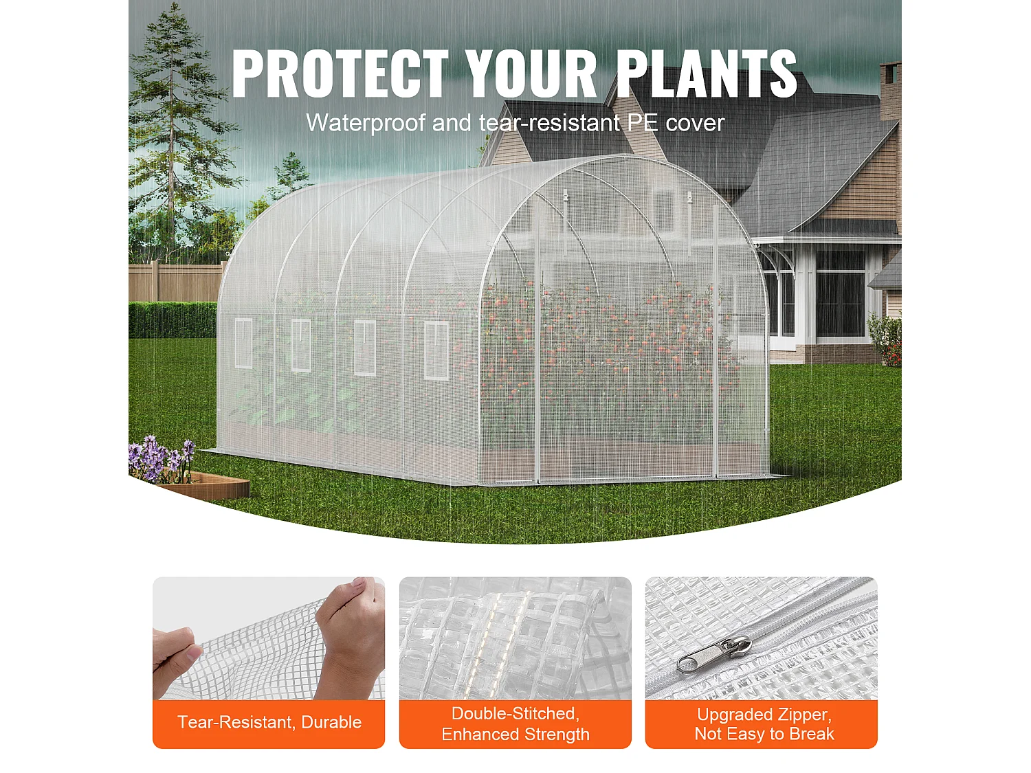 Begehbares Tunnelgewächshaus SucceBuy , 4,45 x 1,95 x 1,90 m, Verzinkter Rahmen, PE-Abdeckung, weiß