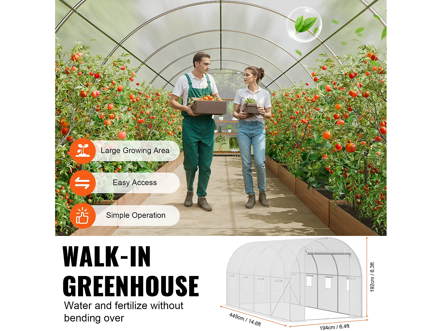 Begehbares Tunnelgewächshaus SucceBuy , 4,45 x 1,95 x 1,90 m, Verzinkter Rahmen, PE-Abdeckung, weiß