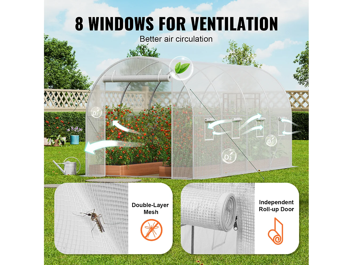 Begehbares Tunnelgewächshaus SucceBuy , 4,45 x 1,95 x 1,90 m, Verzinkter Rahmen, PE-Abdeckung, weiß