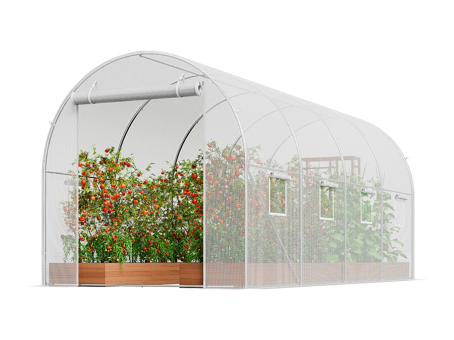 Begehbares Tunnelgewächshaus SucceBuy , 4,45 x 1,95 x 1,90 m, Verzinkter Rahmen, PE-Abdeckung, weiß