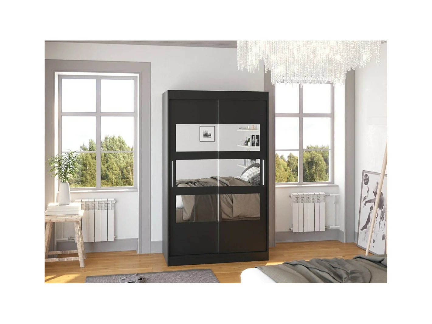 Armoire Solvado (120cm)/portes coulissantes/miroir/Noir