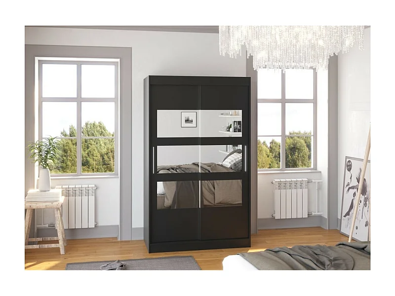 Kleiderschrank Solvado (120cm)/Schiebetüren/Spiegel/Schwarz