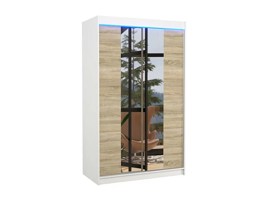 Armoire Darvin (120cm)/portes coulissantes/miroir/LED/Blanc&Sonoma