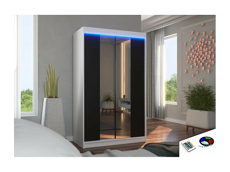 Armoire Darvin (120cm)/portes coulissantes/miroir/LED/Blanc&Noir