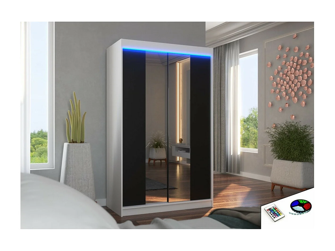 Kleiderschrank Darvin (120cm)/Schiebetüren/Spiegel/LED/Weiss&Schwarz