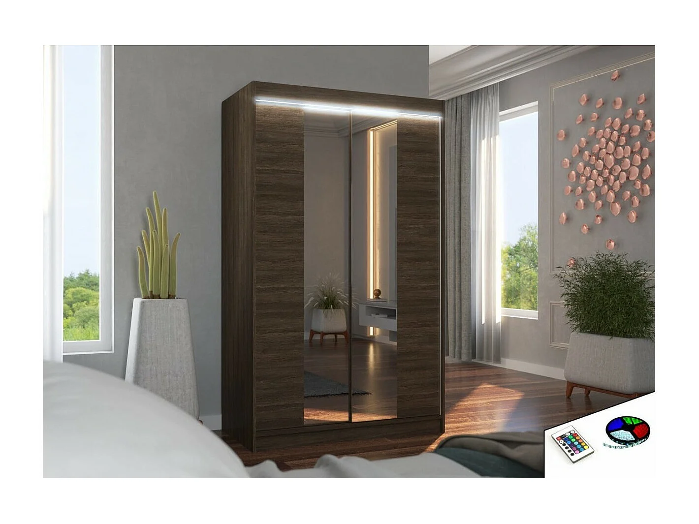 Kleiderschrank Darvin (120cm)/Schiebetüren/Spiegel/LED/Braun