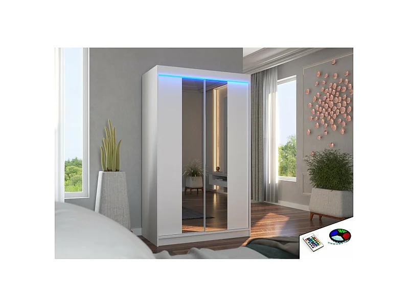 Armoire Darvin (120cm)/portes coulissantes/miroir/LED/Blanc