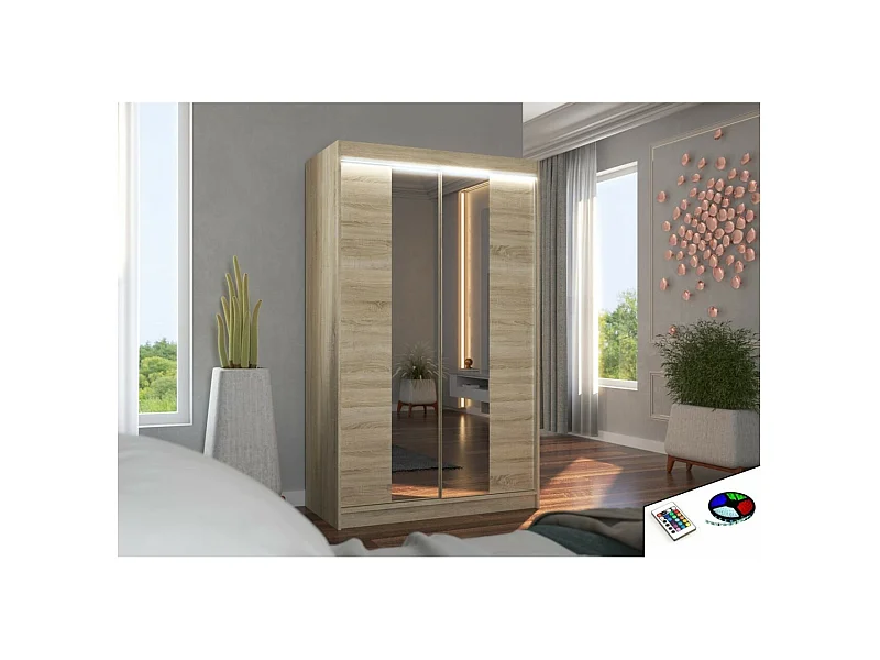 Armoire Darvin (120cm)/portes coulissantes/miroir/LED/Sonoma