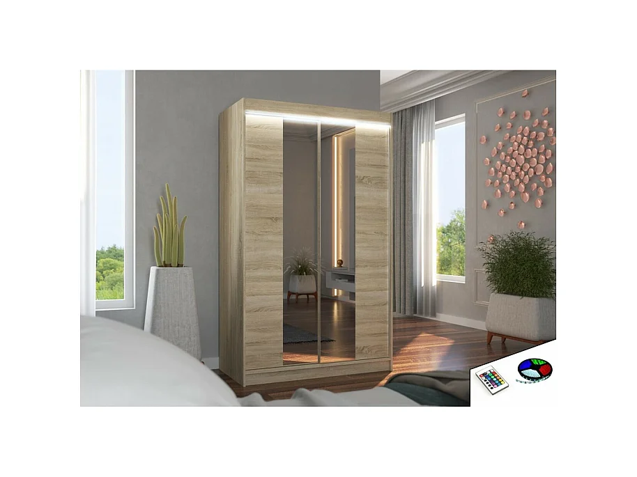 Armoire Darvin (120cm)/portes coulissantes/miroir/LED/Sonoma