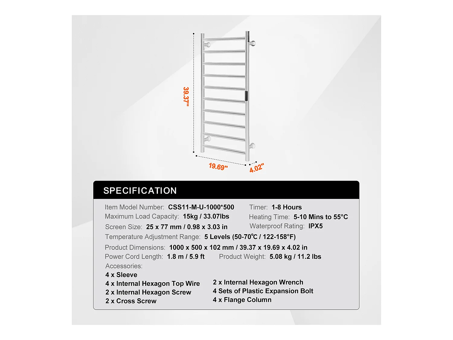 EMKE Sèche SucceBuy Porte-Serviettes Chauffant à 10 Barres - Argent, Salle de Bain