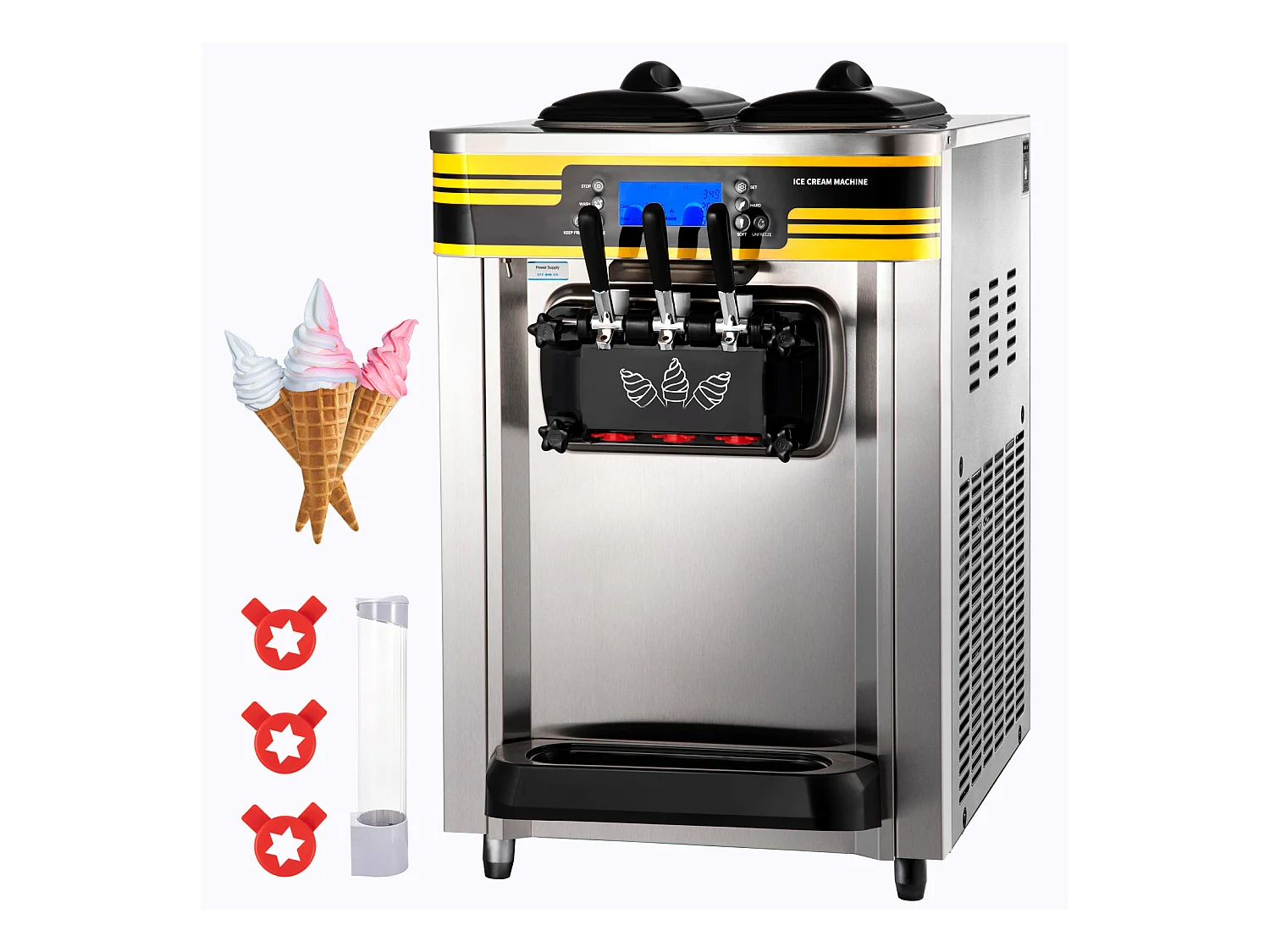 Machine à Crème Glacée SucceBuy, 22-30L/H, 2350W, Machine à Glace Italienne Trémie 6L, en Un Clic 3 Saveurs pour Café et Snack-Bar