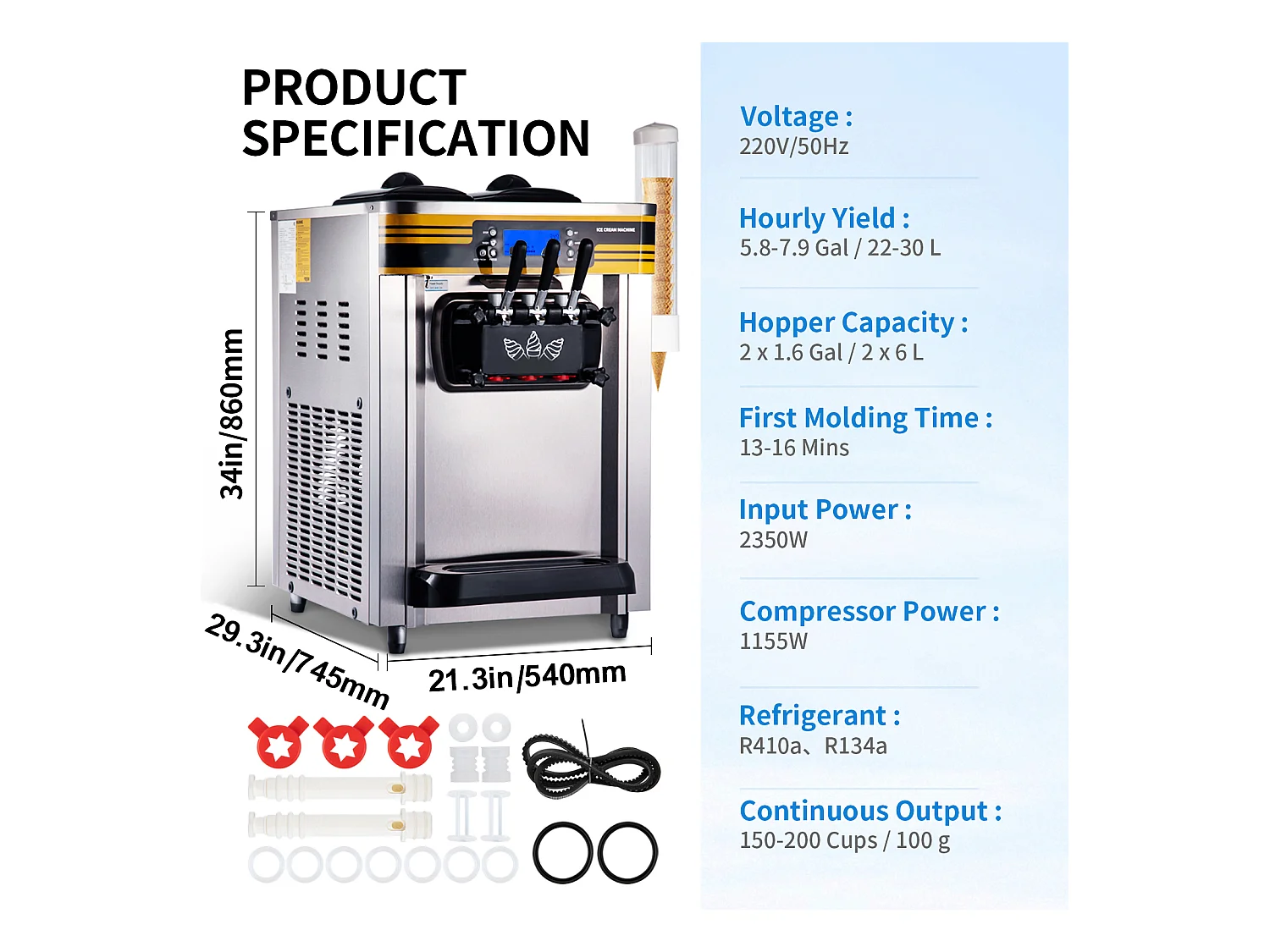 Machine à Crème Glacée SucceBuy, 22-30L/H, 2350W, Machine à Glace Italienne Trémie 6L, en Un Clic 3 Saveurs pour Café et Snack-Bar