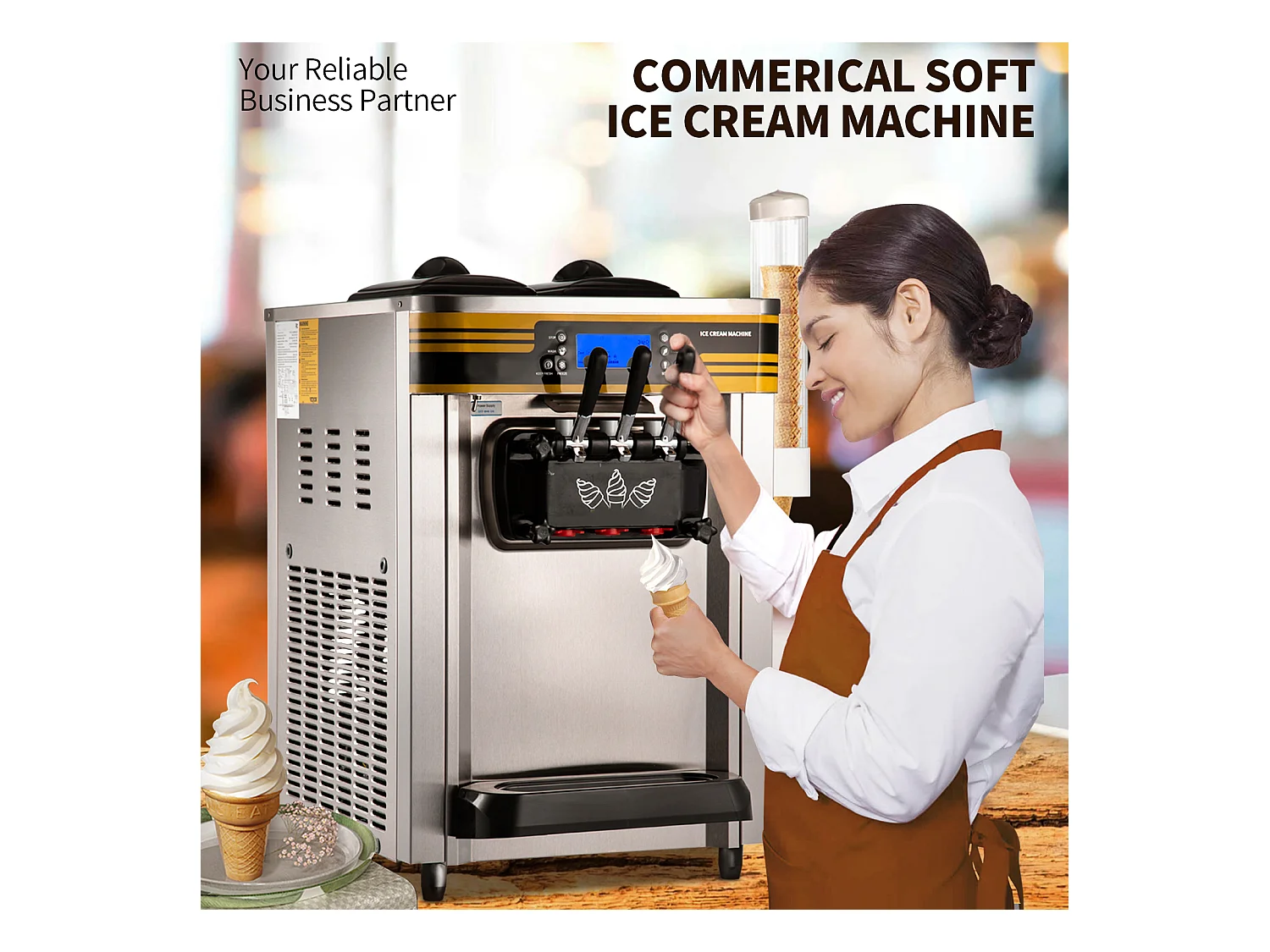 Machine à Crème Glacée SucceBuy, 22-30L/H, 2350W, Machine à Glace Italienne Trémie 6L, en Un Clic 3 Saveurs pour Café et Snack-Bar