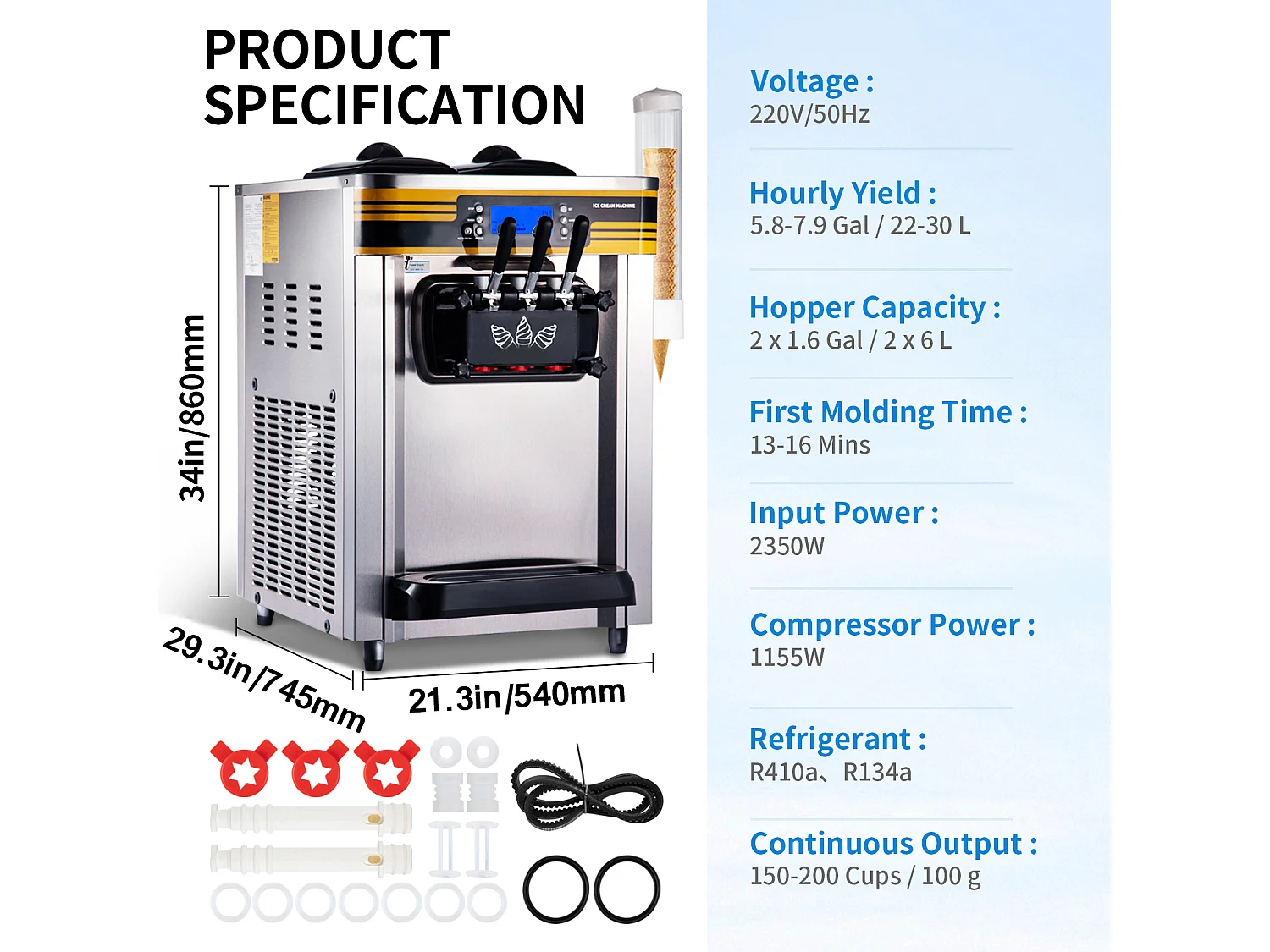 Machine à Crème Glacée SucceBuy, 22-30L/H, 2350W, Machine à Glace Italienne Trémie 6L, en Un Clic 3 Saveurs pour Café et Snack-Bar