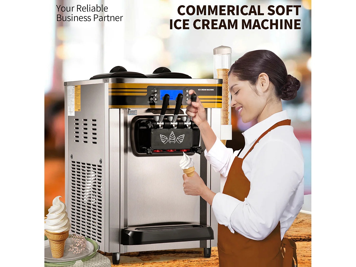 Machine à Crème Glacée SucceBuy, 22-30L/H, 2350W, Machine à Glace Italienne Trémie 6L, en Un Clic 3 Saveurs pour Café et Snack-Bar