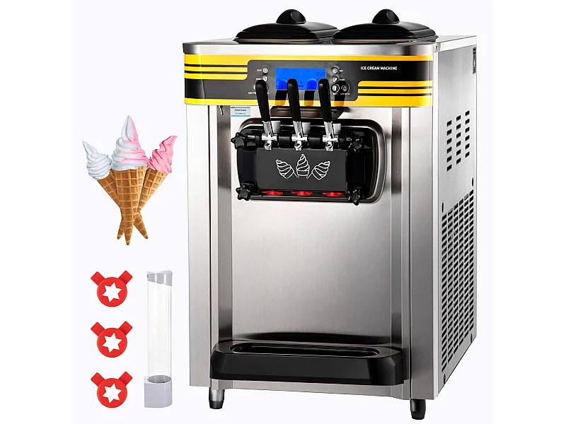 Machine à Crème Glacée SucceBuy, 22-30L/H, 2350W, Machine à Glace Italienne Trémie 6L, en Un Clic 3 Saveurs pour Café et Snack-Bar