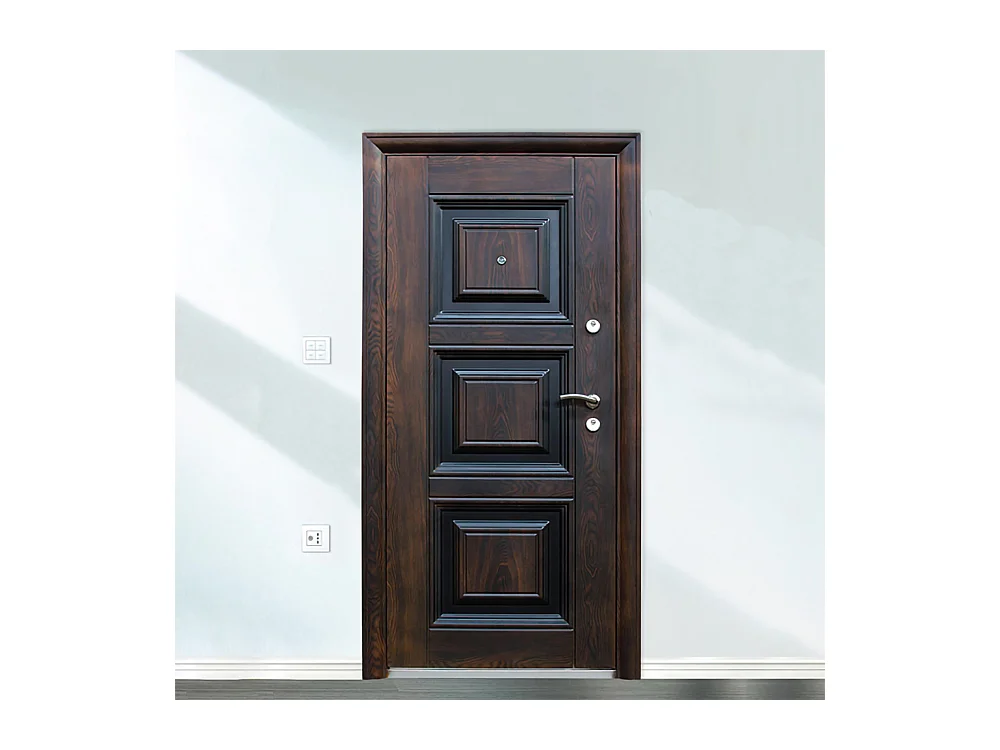 Porta blindata d'ingresso design massiccio con spioncino apertura esterna destra P9 90x197 effetto legno