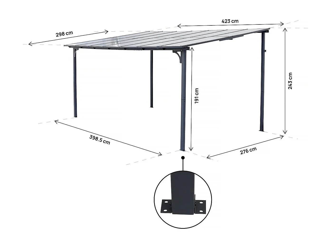 Pérgola adosada "Marvin" - 4 x 3 m - 423 x 298 x 243 cm - Gris oscuro
