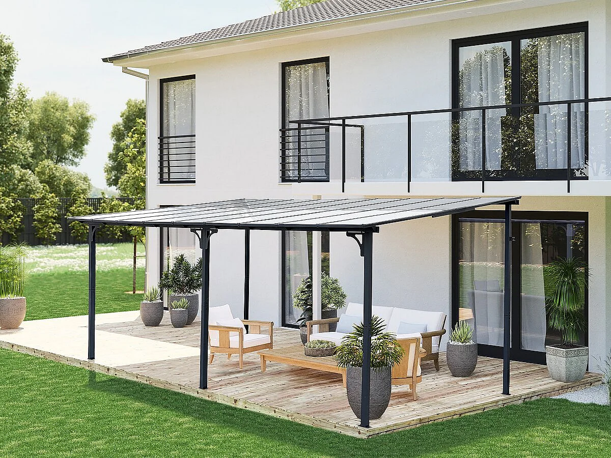 Pergola tonnelle adossée "Marvin" - 5.5 x 3 m - 545 x 298 x 243 cm - Gris foncé